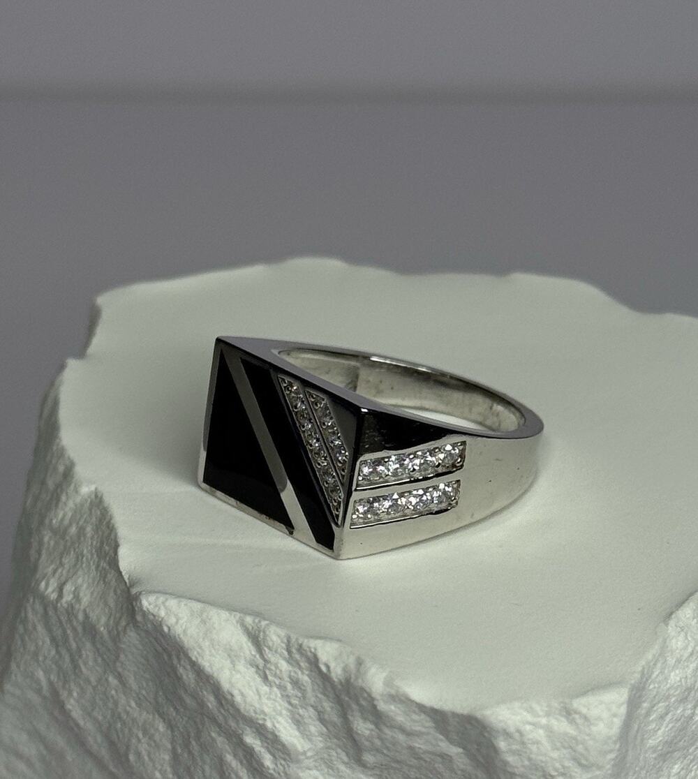 925 Sterling Silver Black Enamel & CZ Men'S Ring Size 11